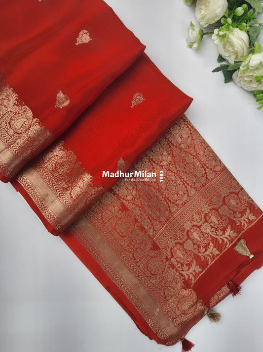 BANARASI BUTTA RUSSIAN CREPE SAREE RED