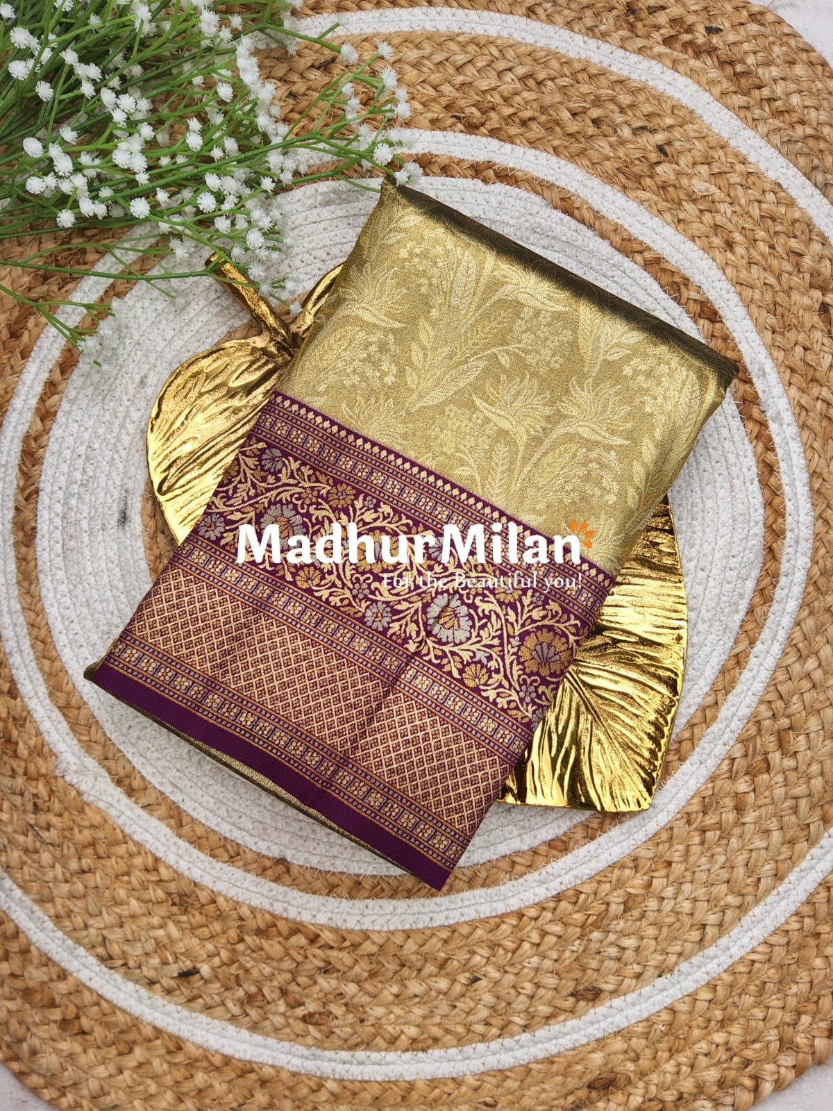 INDRA TISSUE SILK SAREE GOLDEN BROWN PURPLE