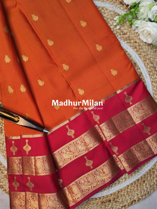 KANCHI BUTTA BENTEX BORDER SAREE ORANGE PINK