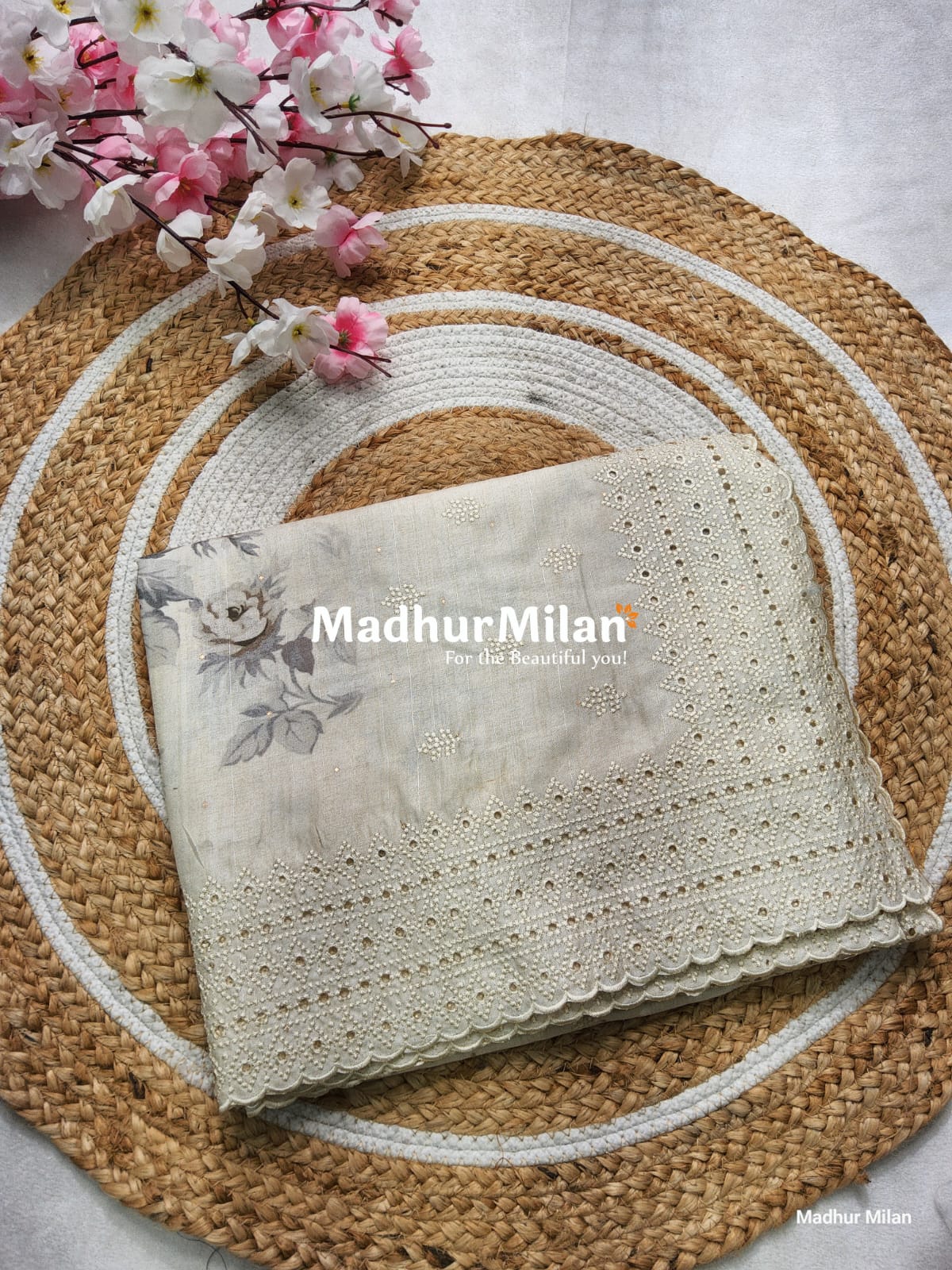 SEMI TUSSER FLORAL PRINTED BORDER EMBRIODERY SAREE - DUSTY GREY