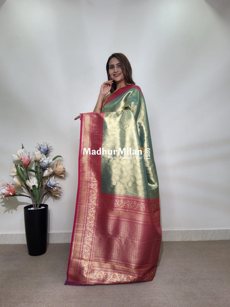 INDRA TISSUE SILK SAREE GOLDEN GREEN PINK
