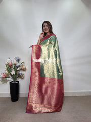 INDRA TISSUE SILK SAREE GOLDEN GREEN PINK