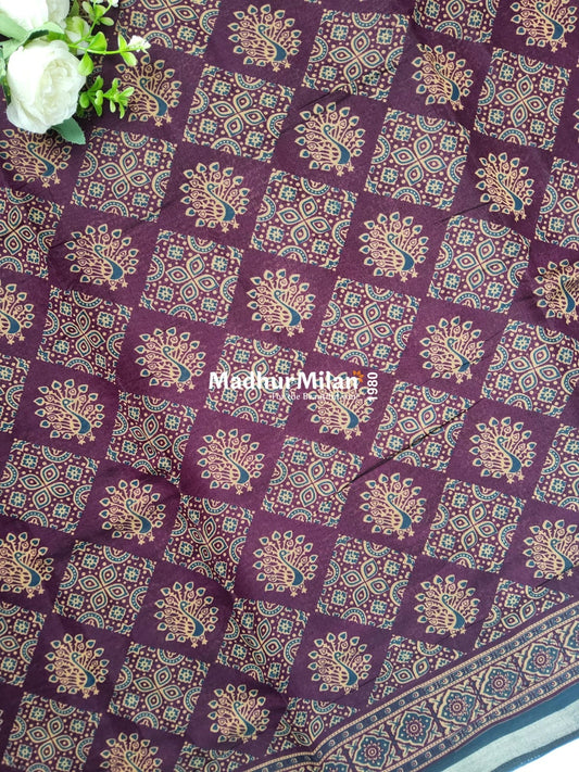 AJRAK PRINT KAJU SILK SAREE WINE