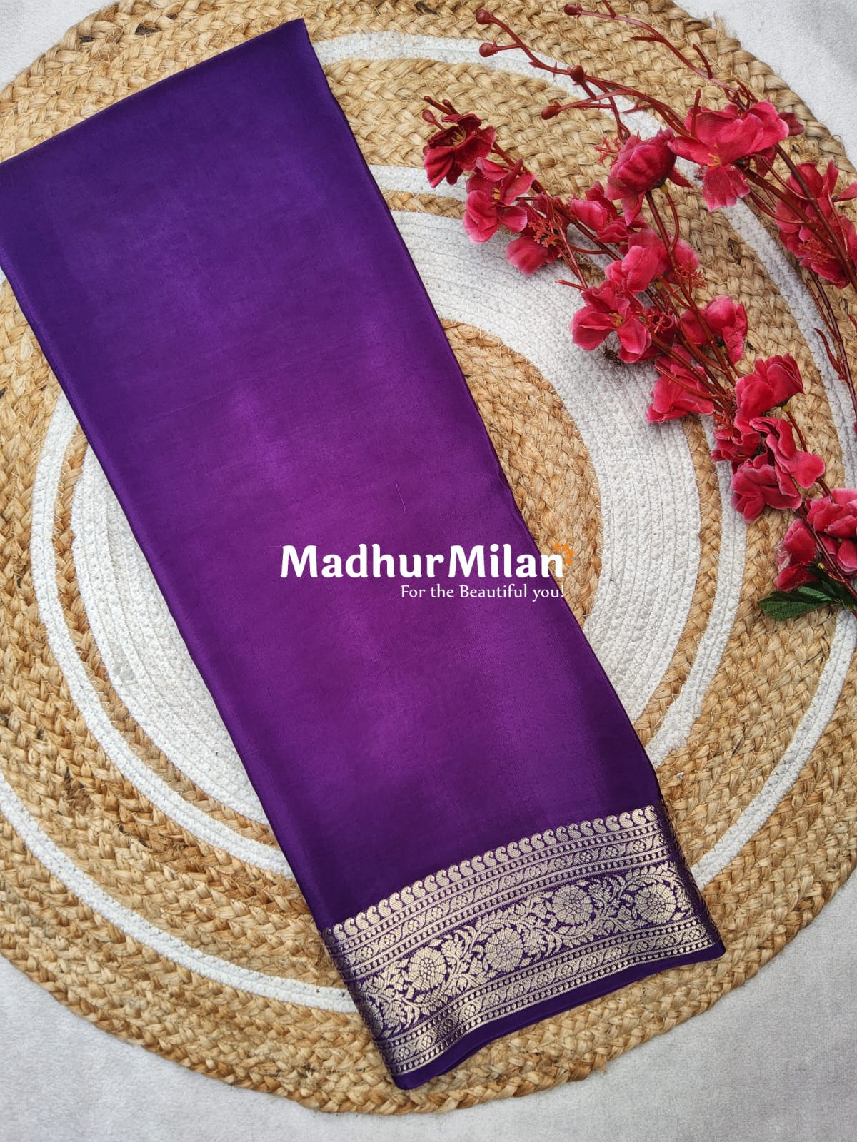 MAYA BANARASI CREPE PLAIN BODY GOLD JARI BORDER SAREE PURPLE