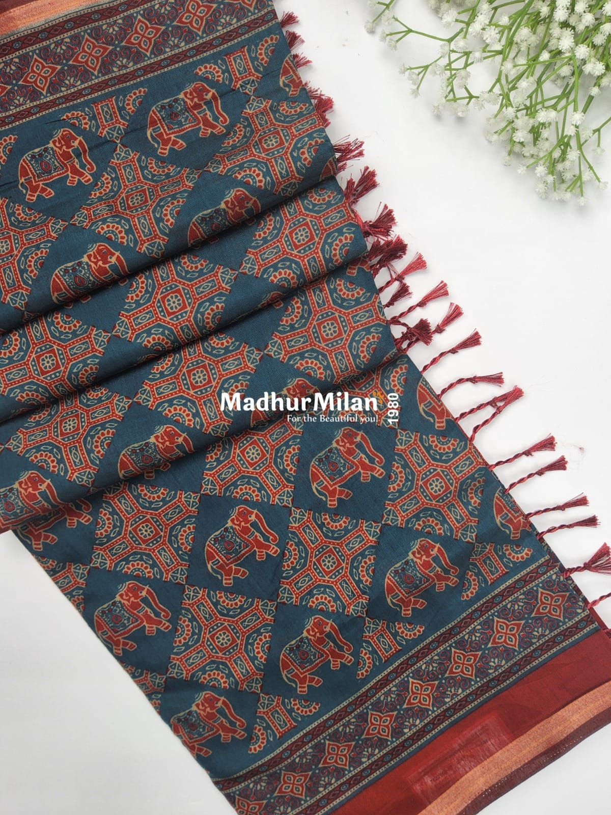 AJRAK PRINT KAJU SILK SAREE BLUE