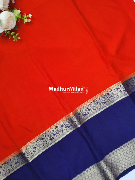 SEMI CREPE SILK SAREE ORANGE BLUE