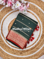 DISPUR SILK SAREE DARK GREEN RED