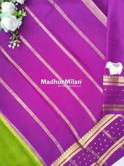BENTEX BUTTA BORDER PURE CREPE SILK SAREE PARROT GREEN PURPLE