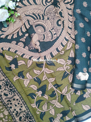 KALAMKARI PRINT KAJU SILK SAREE DUSTY GREEN