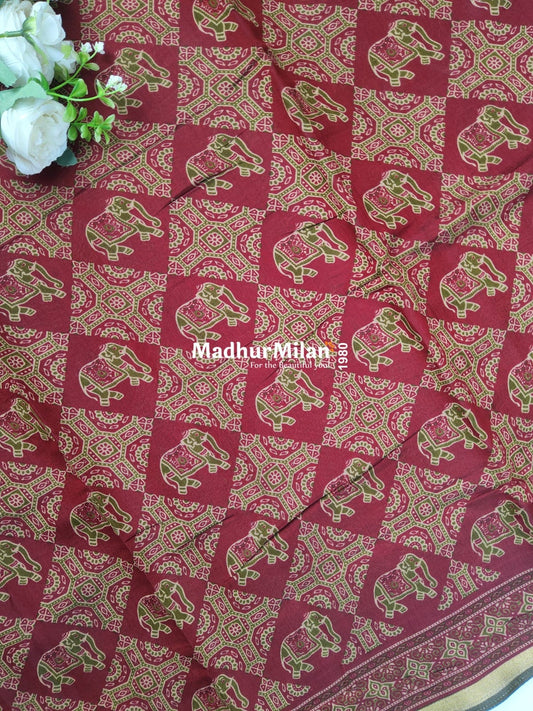 AJRAK PRINT KAJU SILK SAREE MAROON