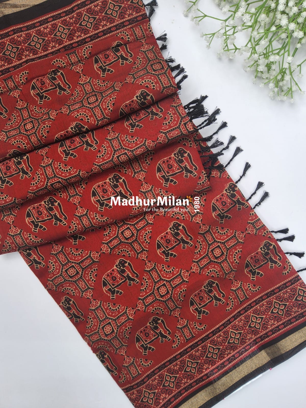 AJRAK PRINT KAJU SILK SAREE RED