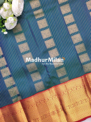 KORVAI STRIPES 9INCH BORDER SAREE DEEP TEAL BLUE RED