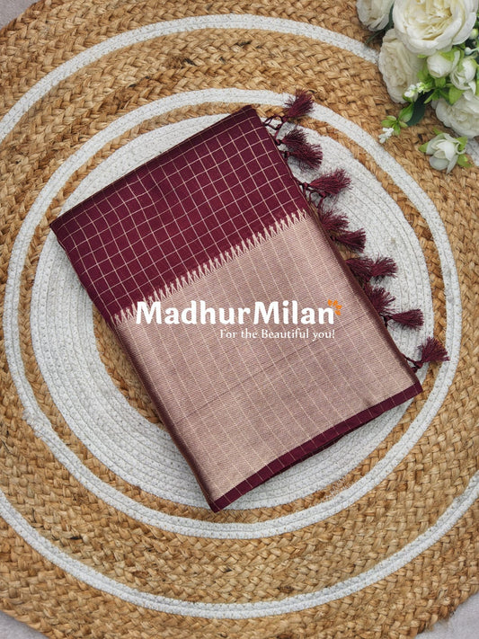 ASSAM SILK MINI CHECKS 7INCH BORDER SAREE MAROON