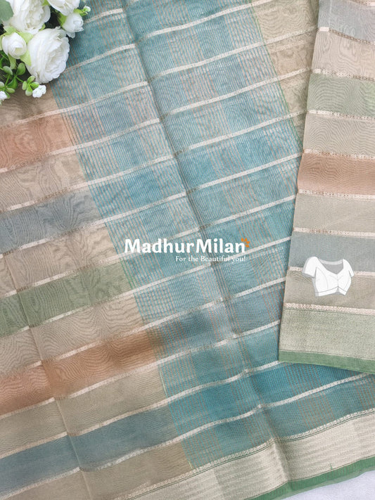 TISSUE ORGANZA STRIPE SAREE DUSTY GREEN GOLD