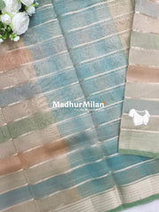 TISSUE ORGANZA STRIPE SAREE DUSTY GREEN GOLD