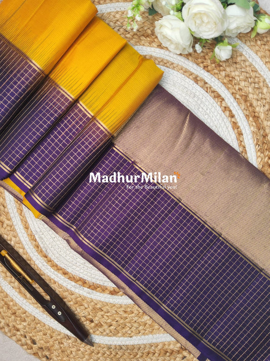 CHECKS BORDER SOFT SILK SAREE YELLOW PURPLE