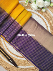 CHECKS BORDER SOFT SILK SAREE YELLOW PURPLE