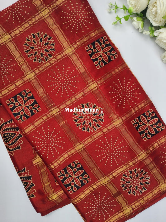 CHECKS AJRAKH PRINT GAJI MODAL SAREE RED
