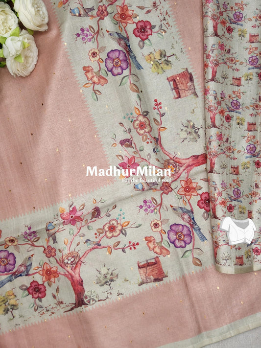 DIGITAL SEMI TUSSER SILK SAREE DUSTY PEACH