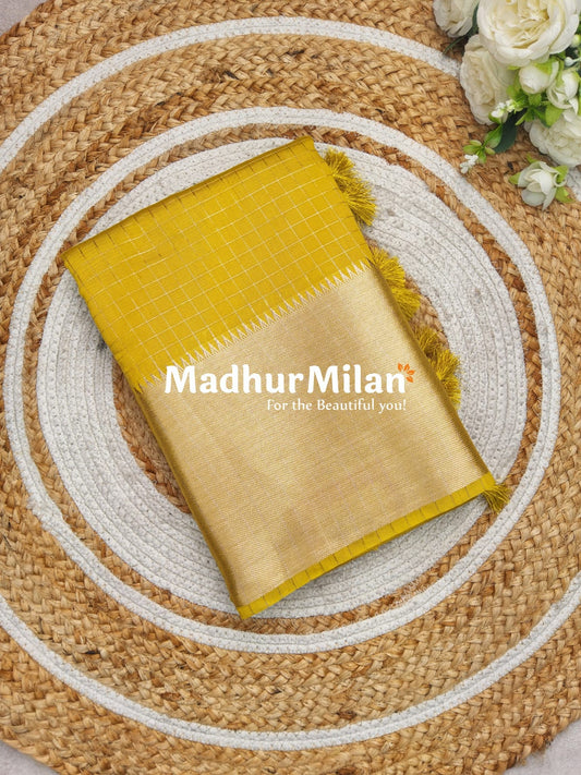 ASSAM SILK MINI CHECKS 7INCH BORDER SAREE YELLOW