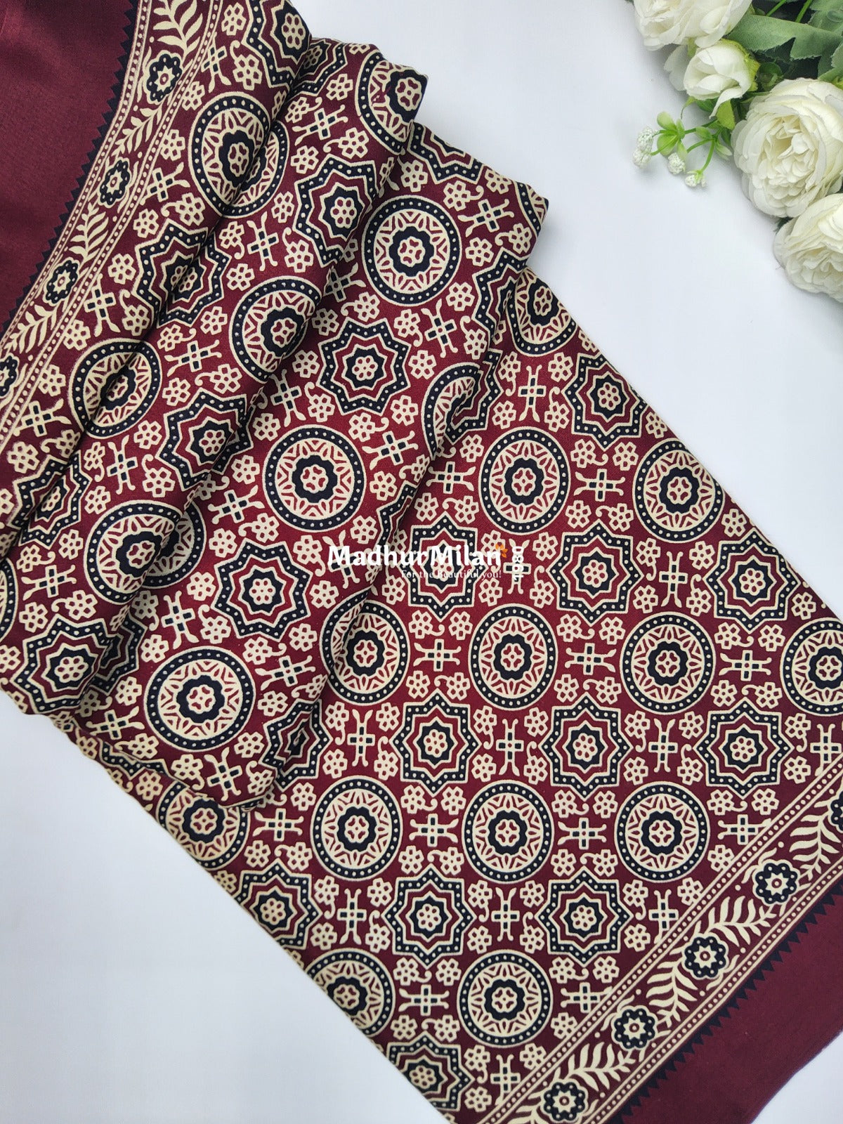 AJRAKH PRINT GAJI MODAL SAREE BROWN