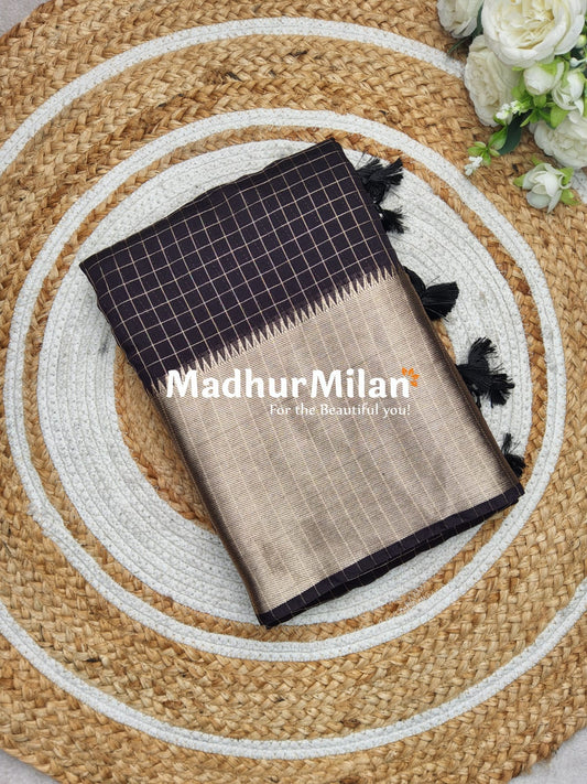 ASSAM SILK MINI CHECKS 7INCH BORDER SAREE BLACK