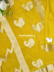 BANARASI ZIG ZAG RUSSIAN CREPE SAREE LEMON YELLOW