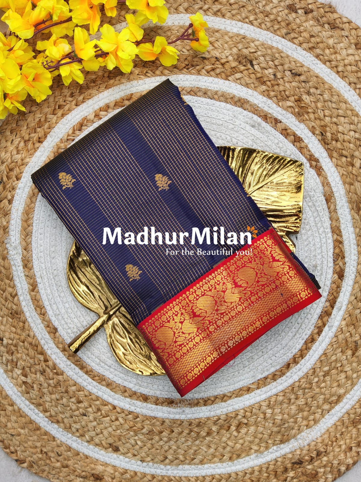 KORVAI CHECKS BUTTA BORDER SAREE NAVY BLUE RED
