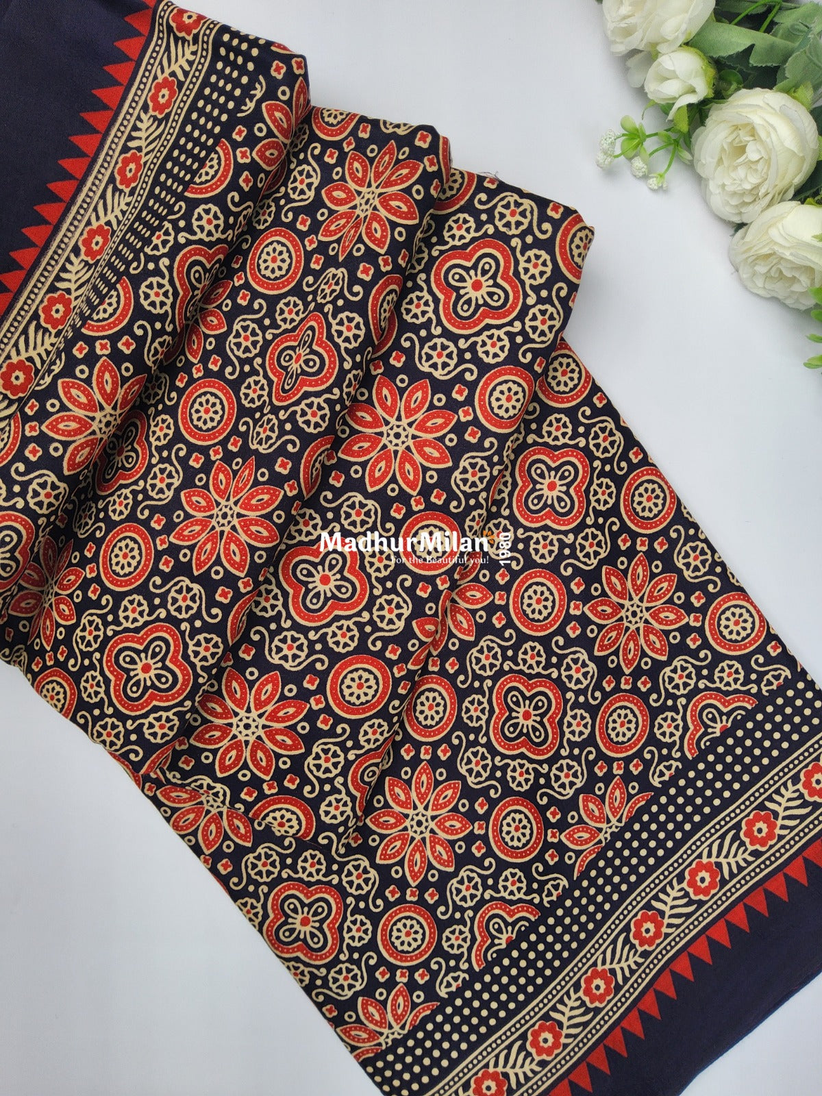 AJRAKH PRINT GAJI MODAL SAREE BLACK