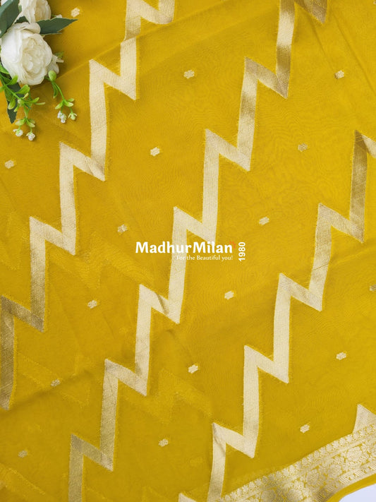 BANARASI ZIG ZAG RUSSIAN CREPE SAREE LEMON YELLOW