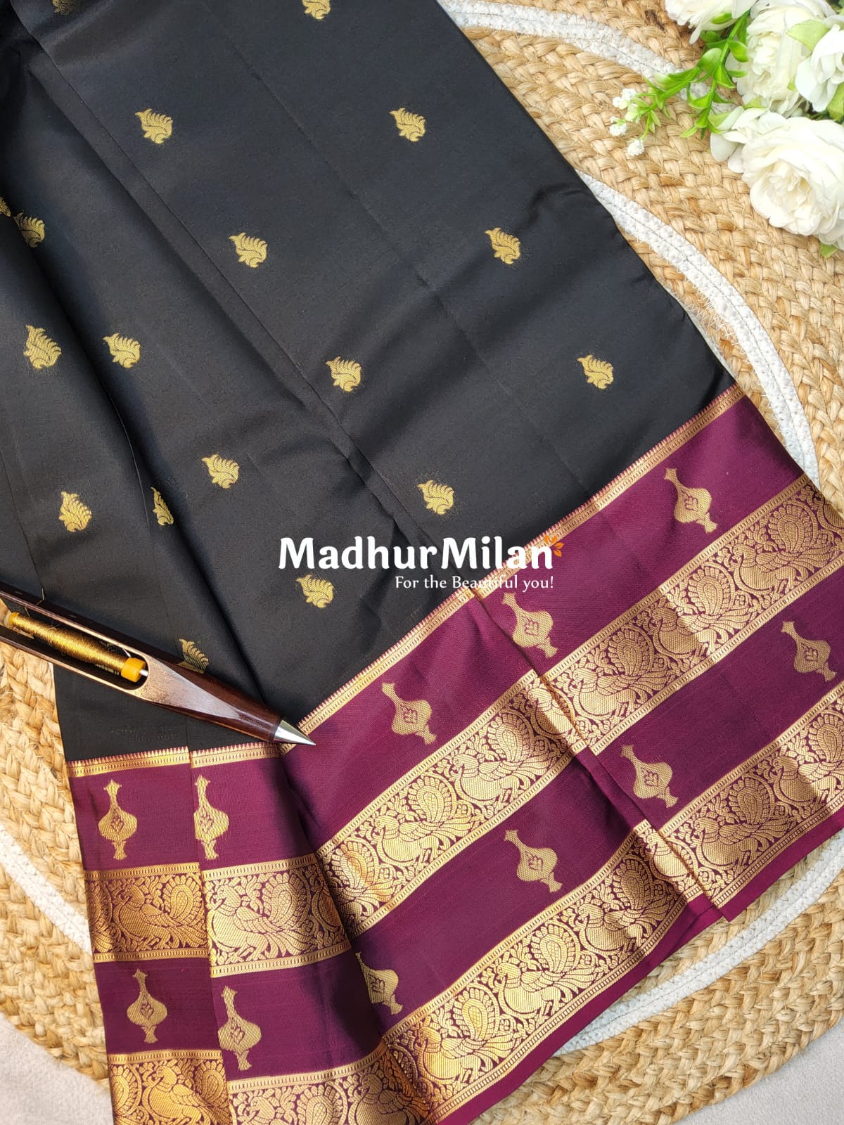 KANCHI BUTTA BENTEX BORDER SAREE BLACK WINE