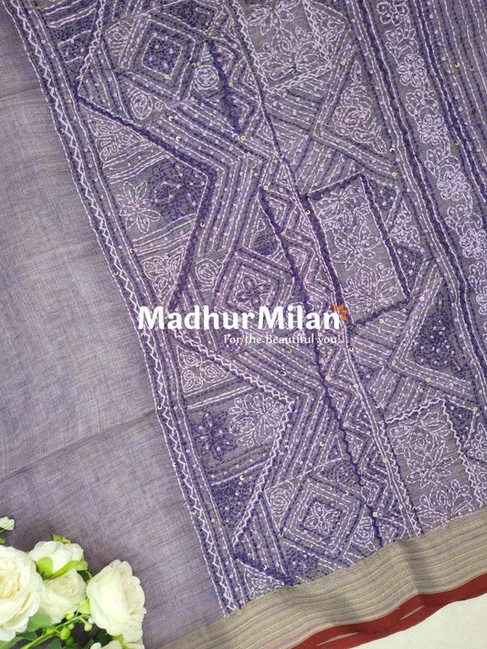 LENIN TISSUE EMBROIDERY WORK SAREE LAVENDER