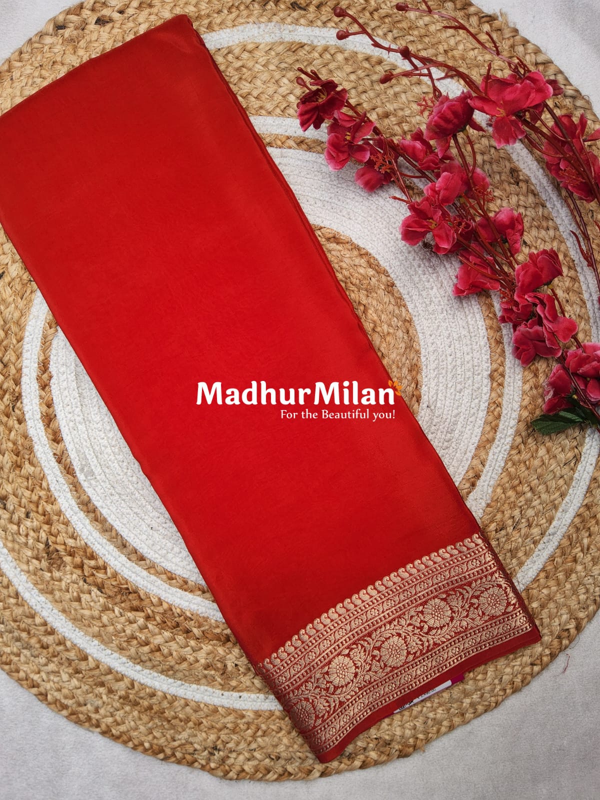 MAYA BANARASI CREPE PLAIN BODY GOLD JARI BORDER SAREE RED