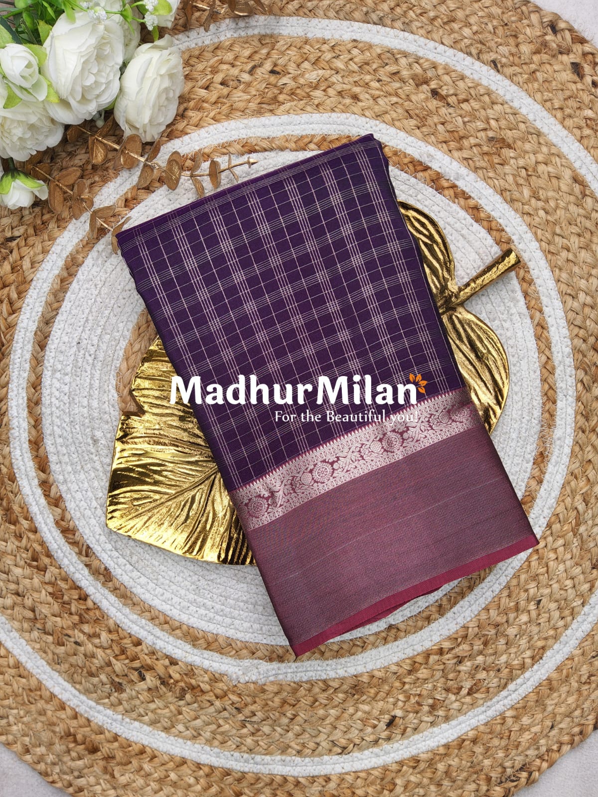 KANCHI SMALL CHECKS SAREE PURPLE ONION PINK