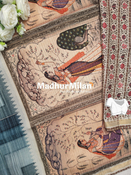 SEMI TUSSAR KALAMKARI PALLU SAREE DUSTY RAMA