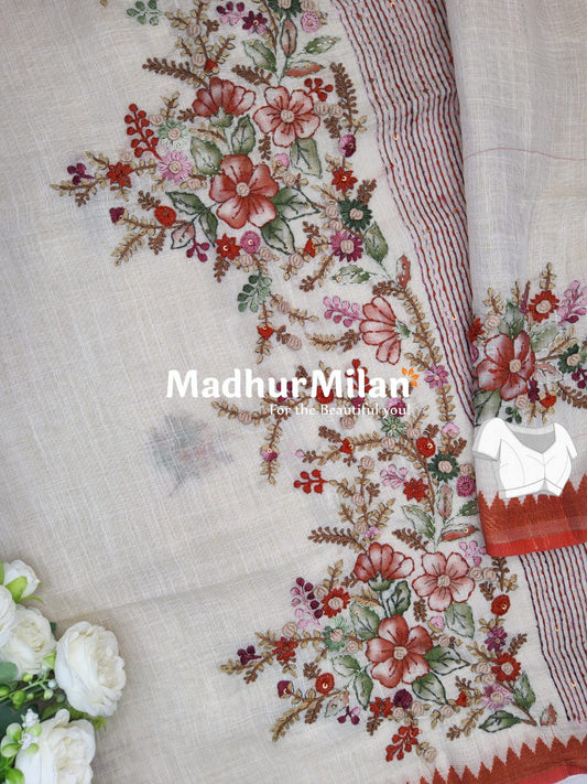 LENIN TISSUE EMBROIDERY WORK SAREE CREAM RUST