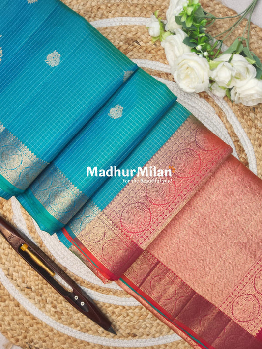 BUTTA CHECKS BORDER SOFT SILK SAREE RAMA PEACH