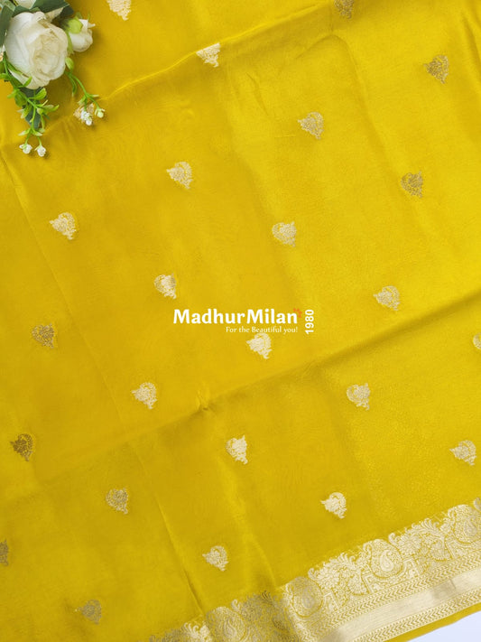 BANARASI BUTTA RUSSIAN CREPE SAREE LEMON YELLOW
