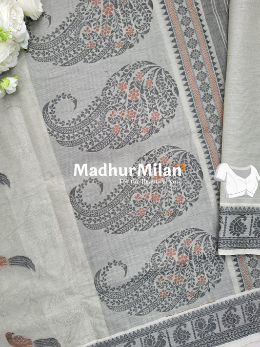 SUTI PARROT WEAVING BORDER COTTON SAREE LAUREL GREEN