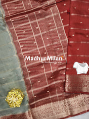 DISPUR SILK SAREE BATTLESHIP GREY RED