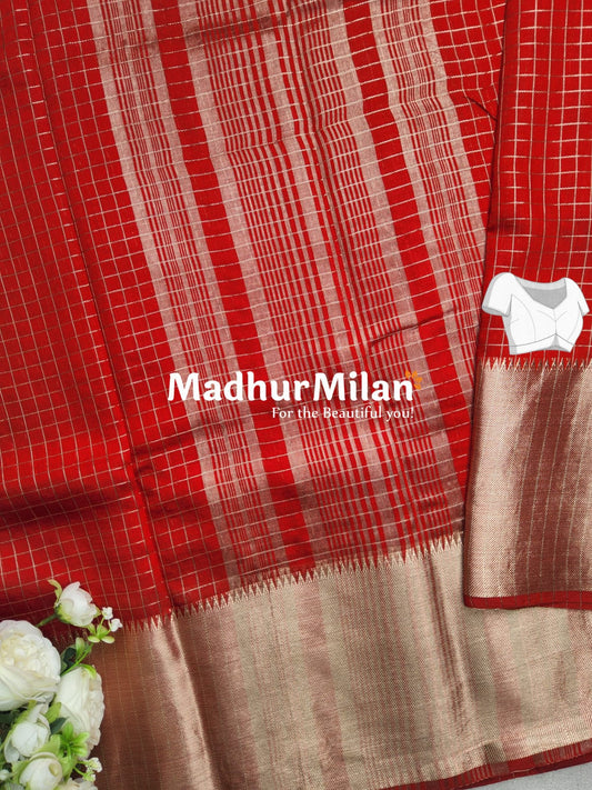ASSAM SILK MINI CHECKS 7INCH BORDER SAREE RED