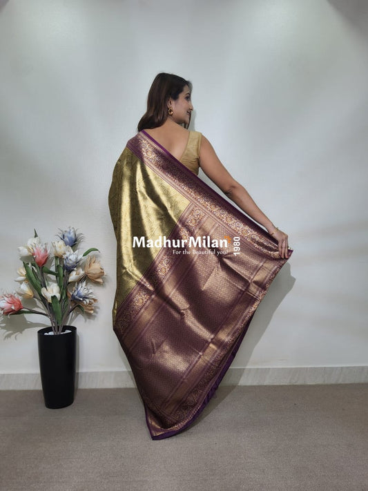 INDRA TISSUE SILK SAREE GOLDEN BROWN PURPLE