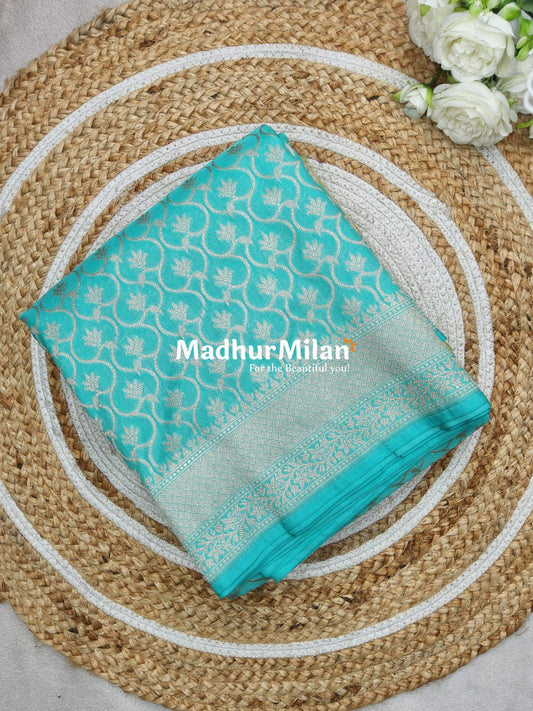 CHARVI BANARASI CREPE SILK SAREE TURQUOISE BLUE