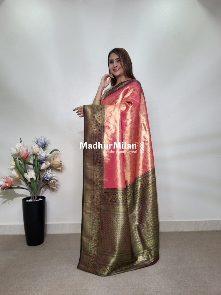 INDRA TISSUE SILK SAREE DUSTY PINK GREEN
