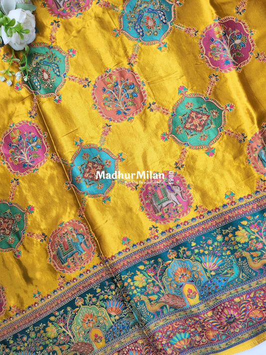 PASHMINA SATIN BROCADE SAREE MUSTARD
