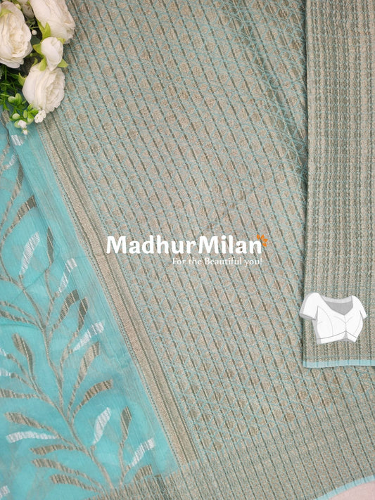 CRUSHED KORA COTTON SAREE AQUA