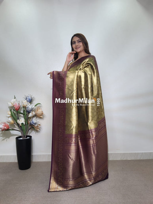 INDRA TISSUE SILK SAREE GOLDEN BROWN PURPLE