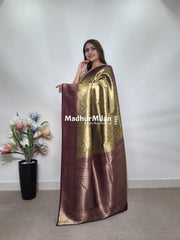 INDRA TISSUE SILK SAREE GOLDEN BROWN PURPLE
