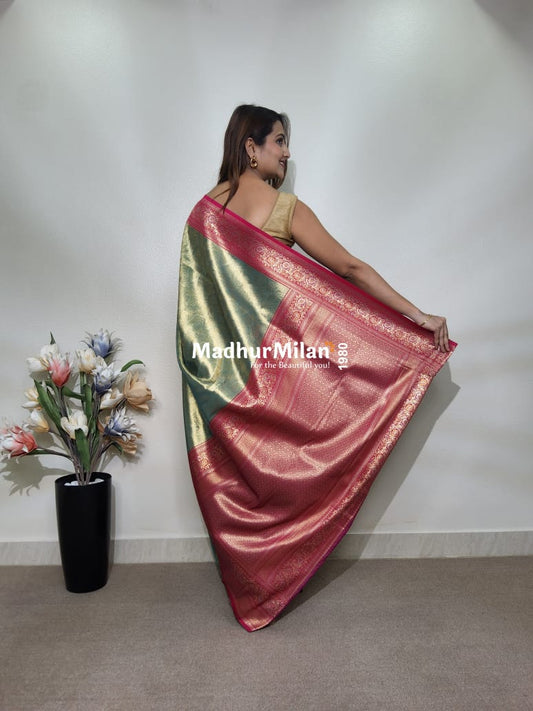 INDRA TISSUE SILK SAREE GOLDEN GREEN PINK