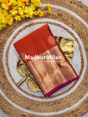 KORVAI TISSUE CHECKS BUTTA BORDER SAREE ORANGE PINK